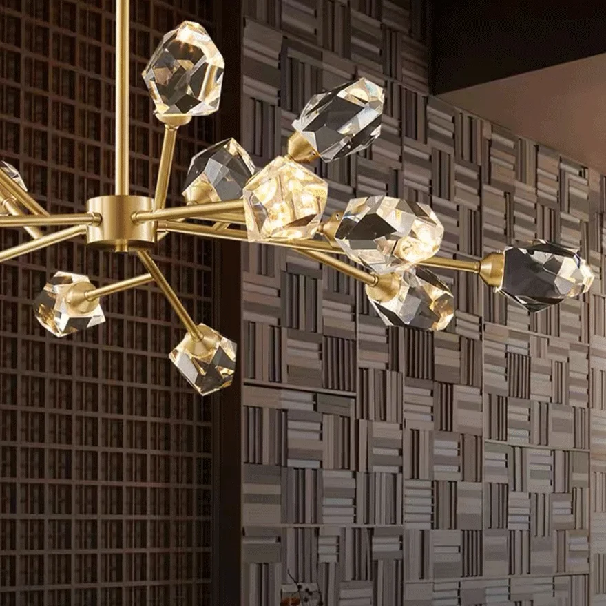 Modern Metal And Crystal Uneven Bedroom Chandeliers Pendant Light, Gold, Trichromatic Light