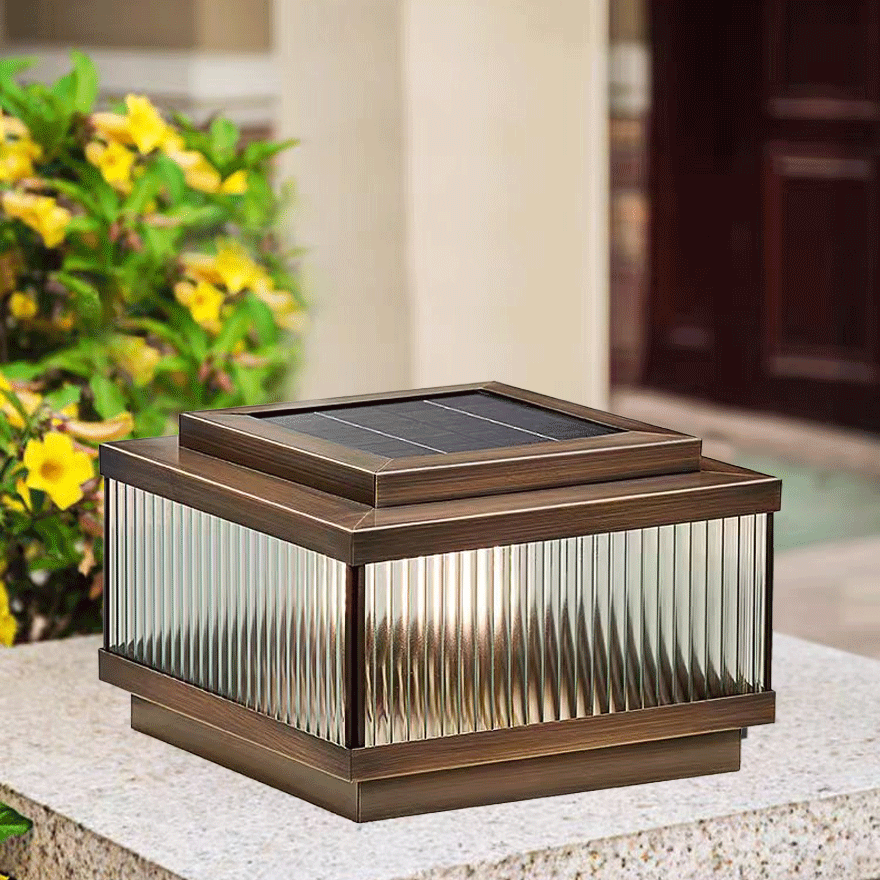 Classical Metal And Glass Rectangular Outdoor Pillar Light, Burlywood, Trichromatic Light