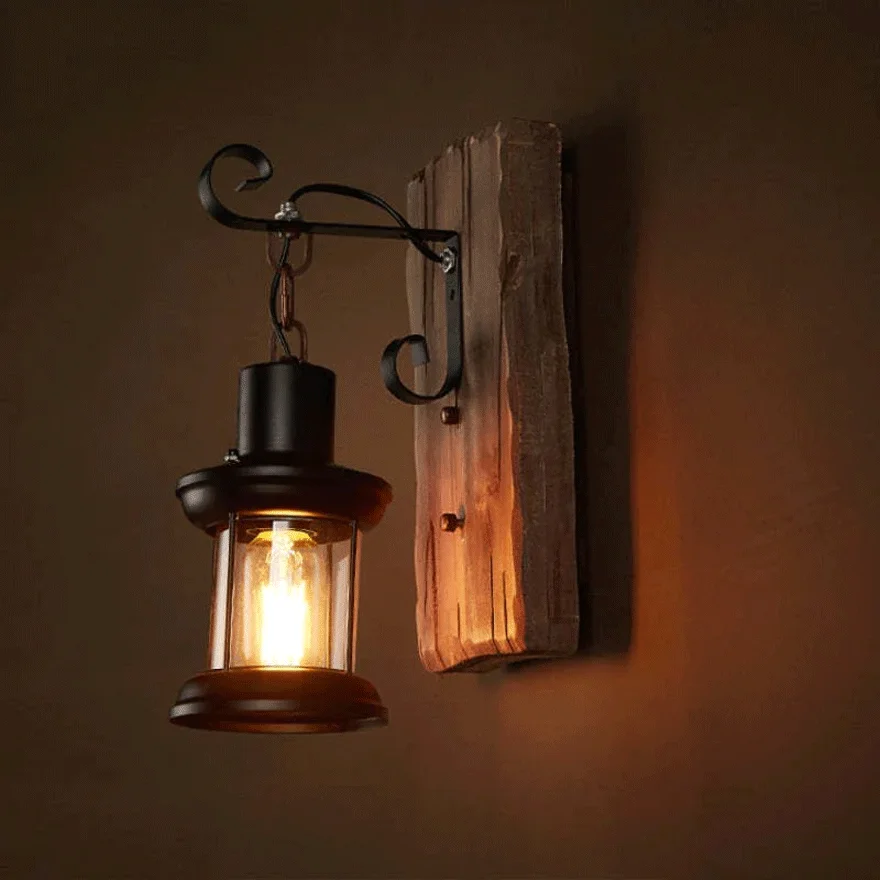 Retro Metal And Wooden Lantern Dining Room Wall Lamp, Black/Bronze