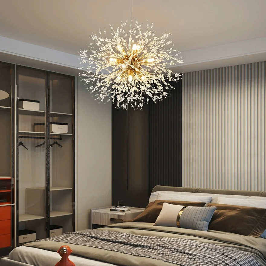 Modern Metal And Acrylic Dandelion Bedroom Pendant Light, Chrome/Gold