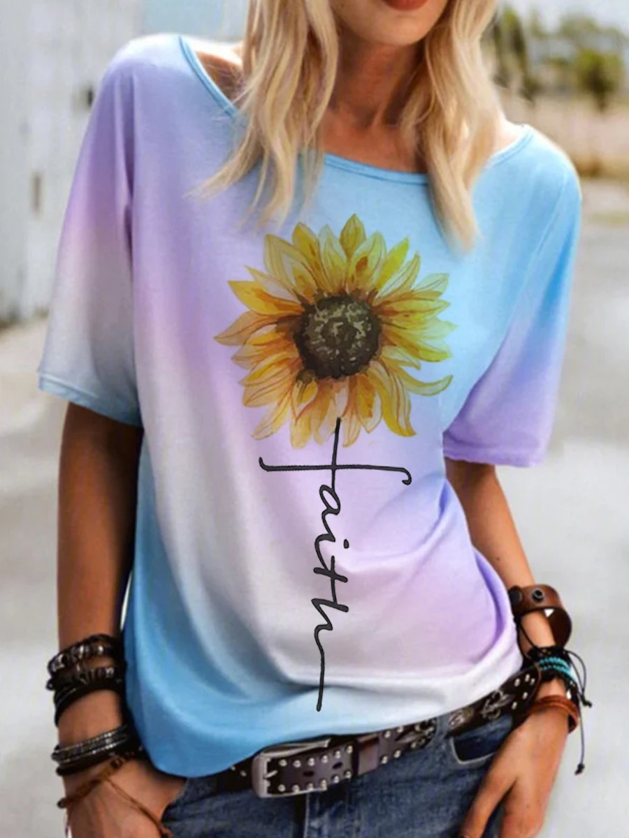 Casual Tie-dyed And Sunflower Print T-shirt