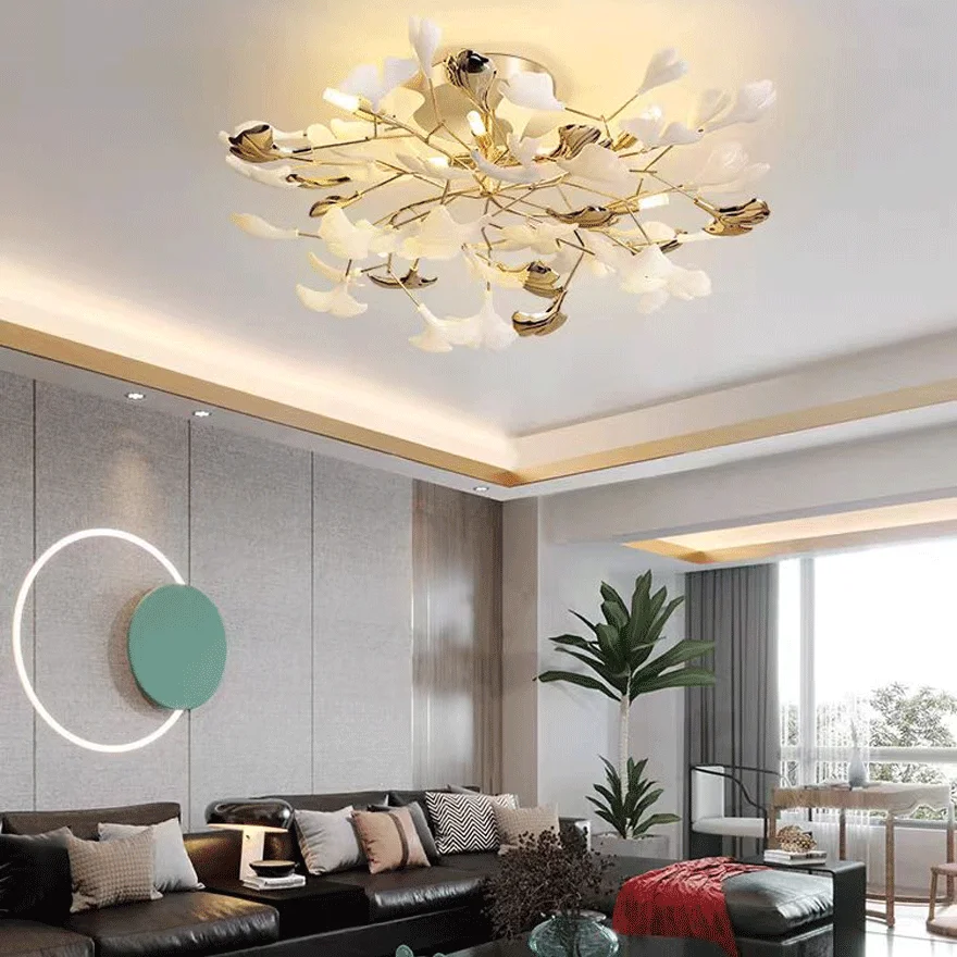 Designer Ceramic And Metal Petal Shaped Dining Room Ceiling Light, Gold-White