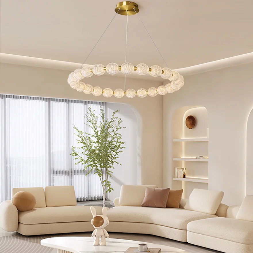 Nordic Metal And Acrylic Ring Living Room Pendant Light, Gold, Trichromatic Light