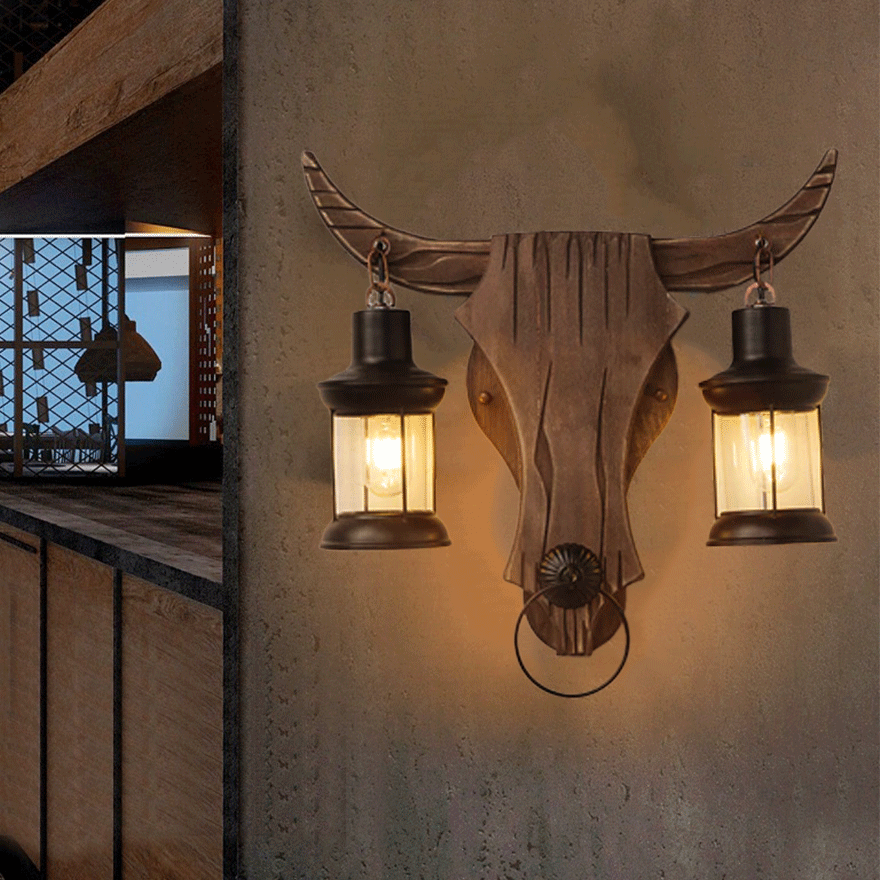 Decorative Metal And Wooden Bull Lantern Dining Room Wall Lamp, Pine Wood