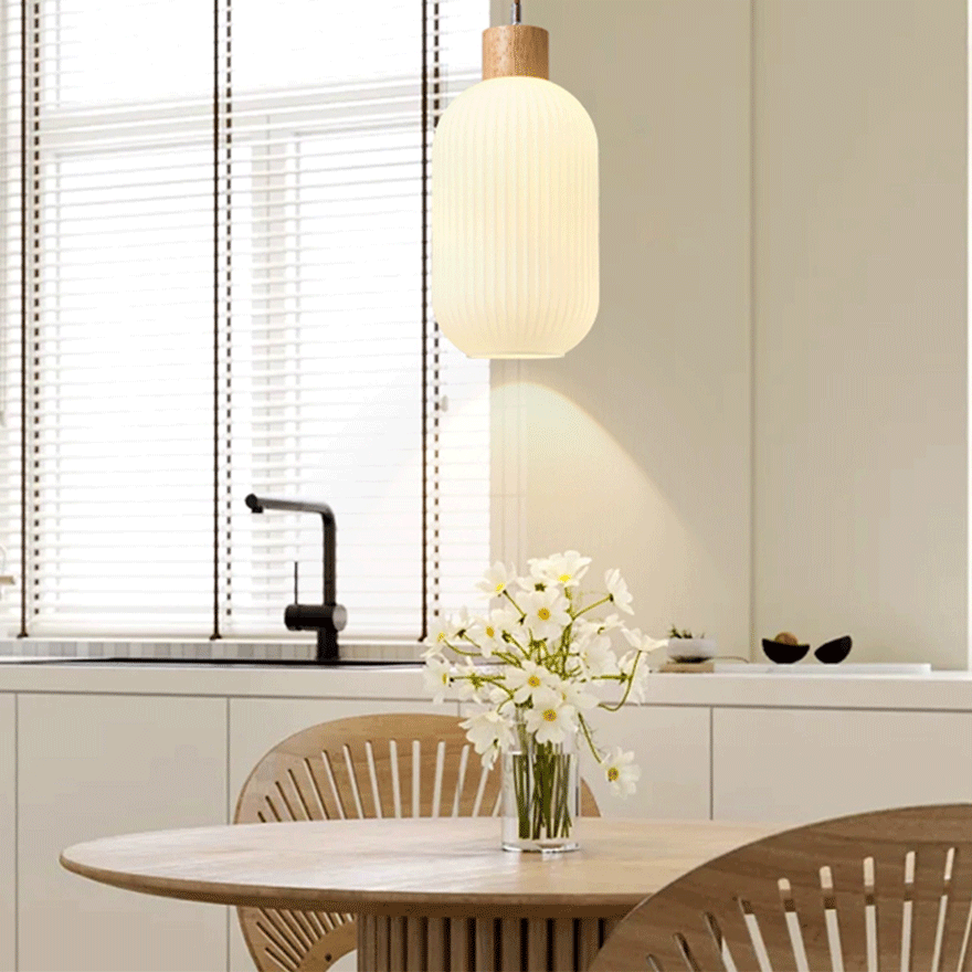 Minimalist Wooden And Glass Lantern Bedroom Pendant Light, White