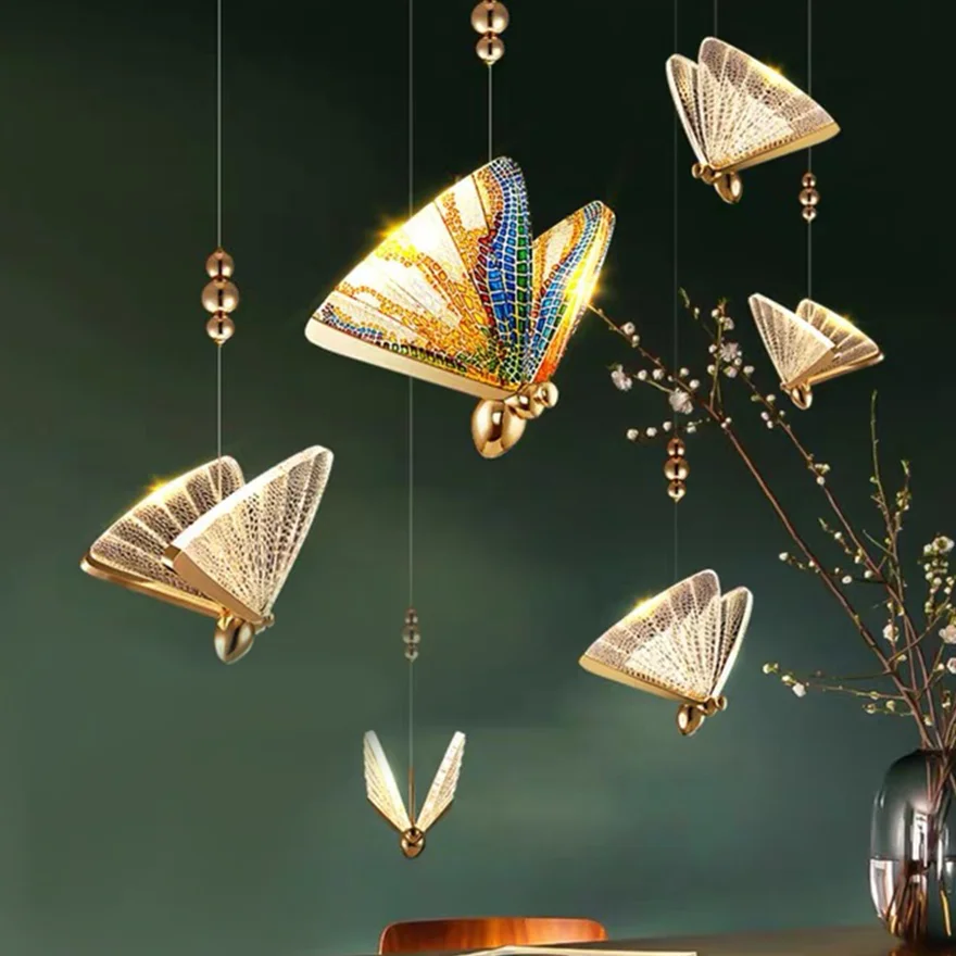 Art Deco Metal And Acrylic Butterfly Children's Room Pendant Light, Multicolor/Gold