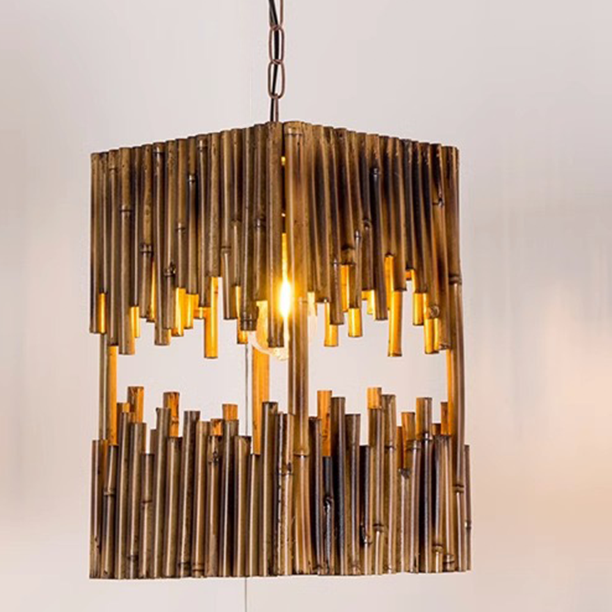 Vintage Metal And Wooden Rectangular Dining Room Pendant Light, Natural Wood