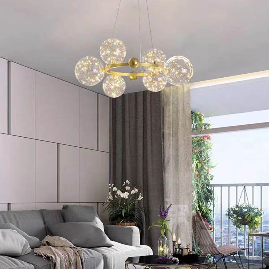 Modern Metal And Glass Bubble Living Room Pendant Light, Black/Gold