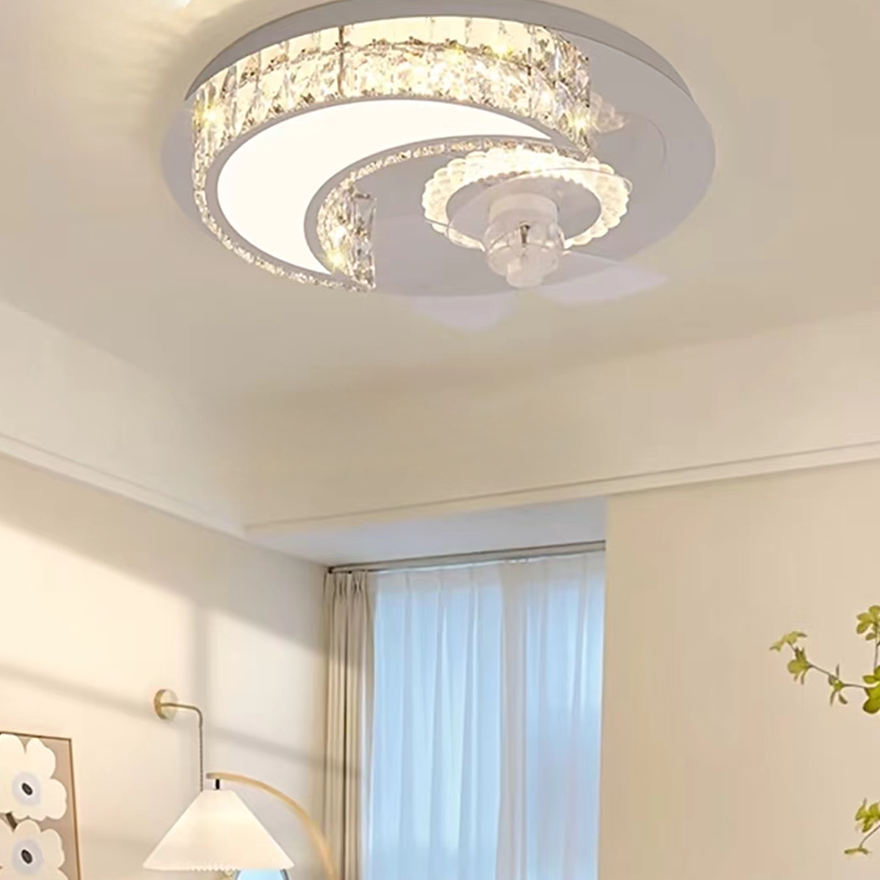 Modern Metal And Acrylic Round Living Room Ceiling Fan with Light, Gold/Silver, Trichromatic Light