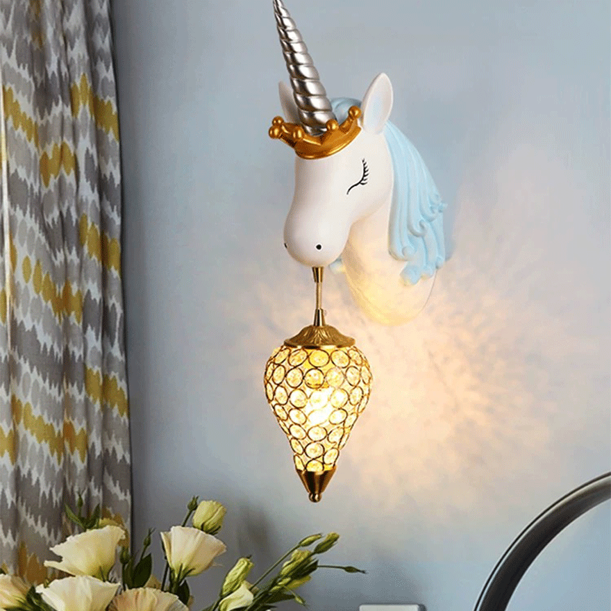 Art Deco Acrylic Unicorn Study Room Wall Lamp, Pink/ Blue