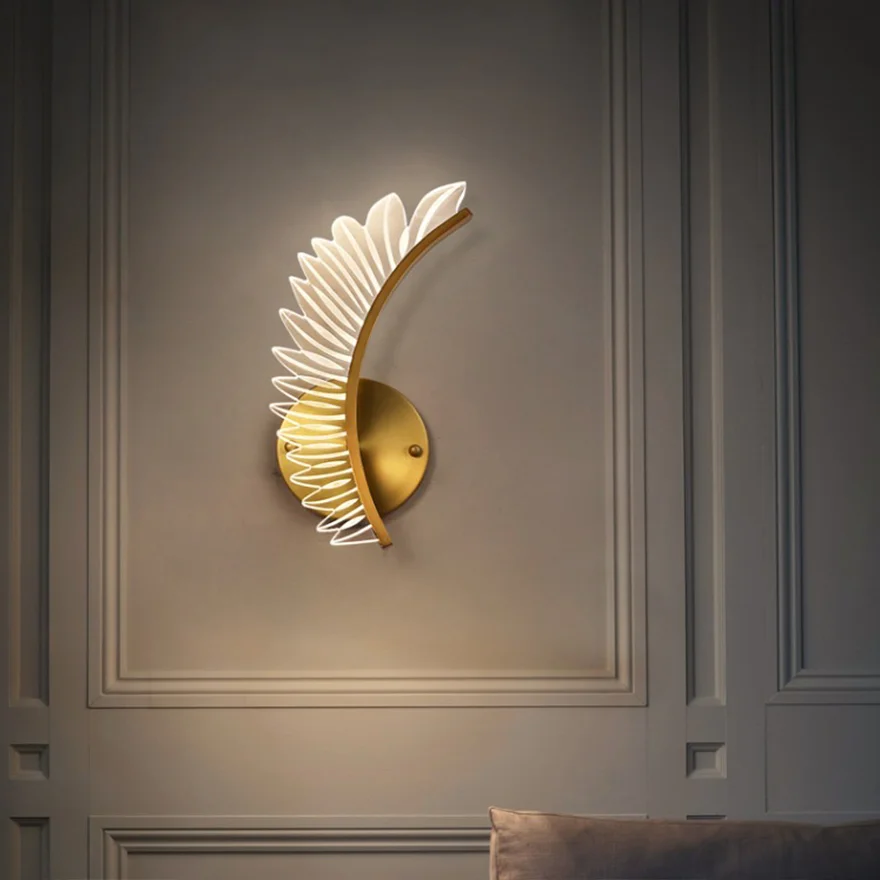 Art Deco Metal And Acrylic Feather Study Room Wall Lamp, Gold/Clear