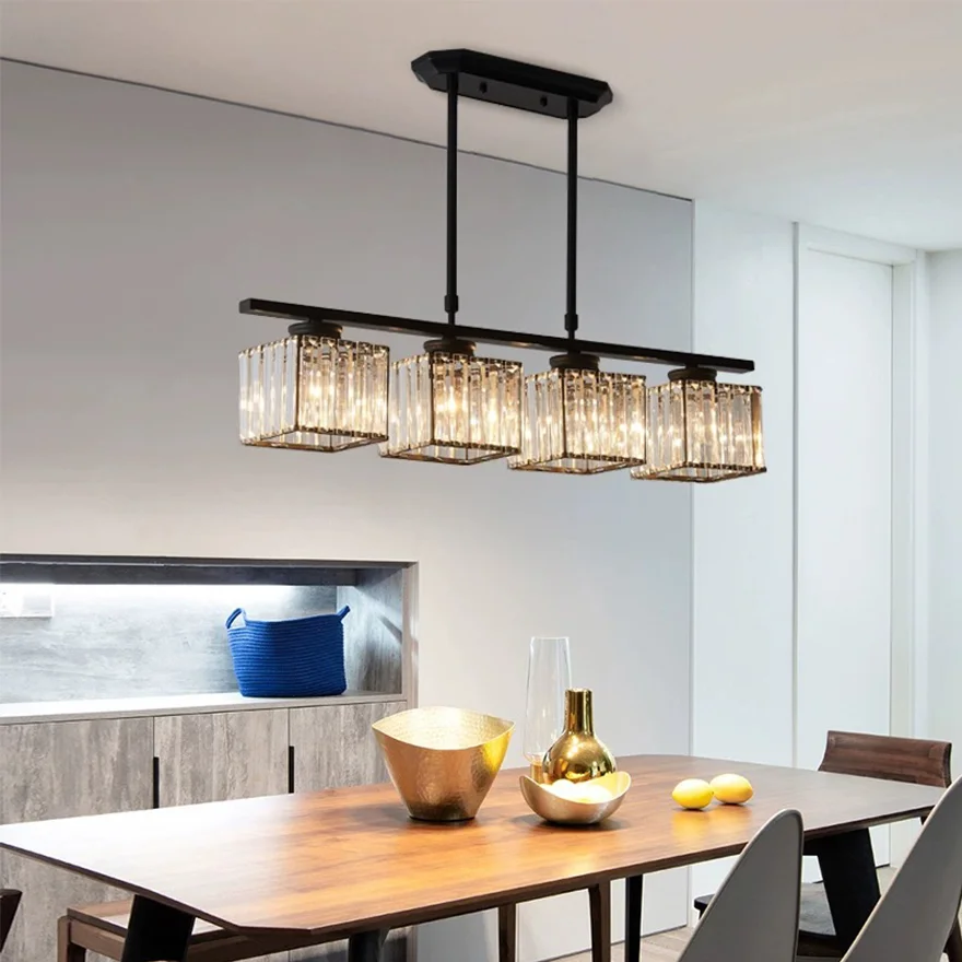 Modern Metal And Crystal Geometric Dining Room Pendant Light, Black/Gold