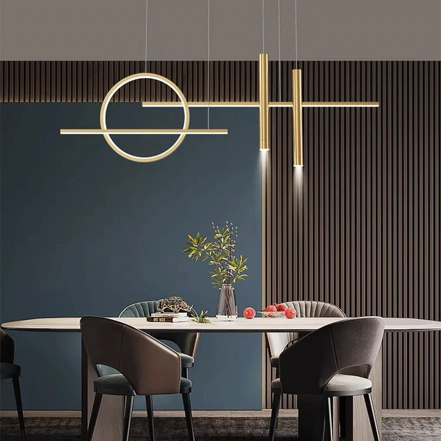 Minimalist Metal Linear Dining Room Pendant Light, Black/Gold, Trichromatic Light