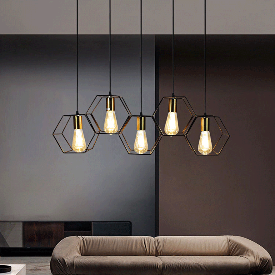 Industrial Metal Polygonal Living Room Pendant Light, Black