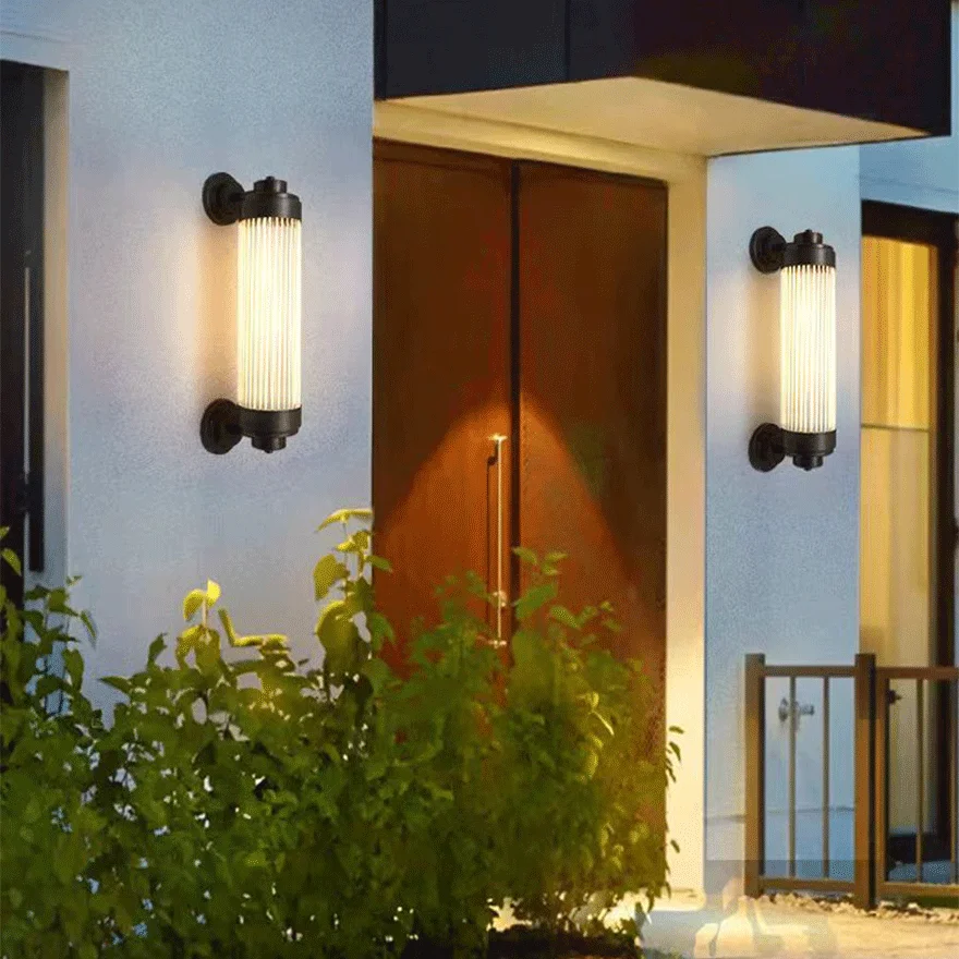 Modern  Metal And Glass Cylindrical Outdoor Wall Lamp, Antique Brass