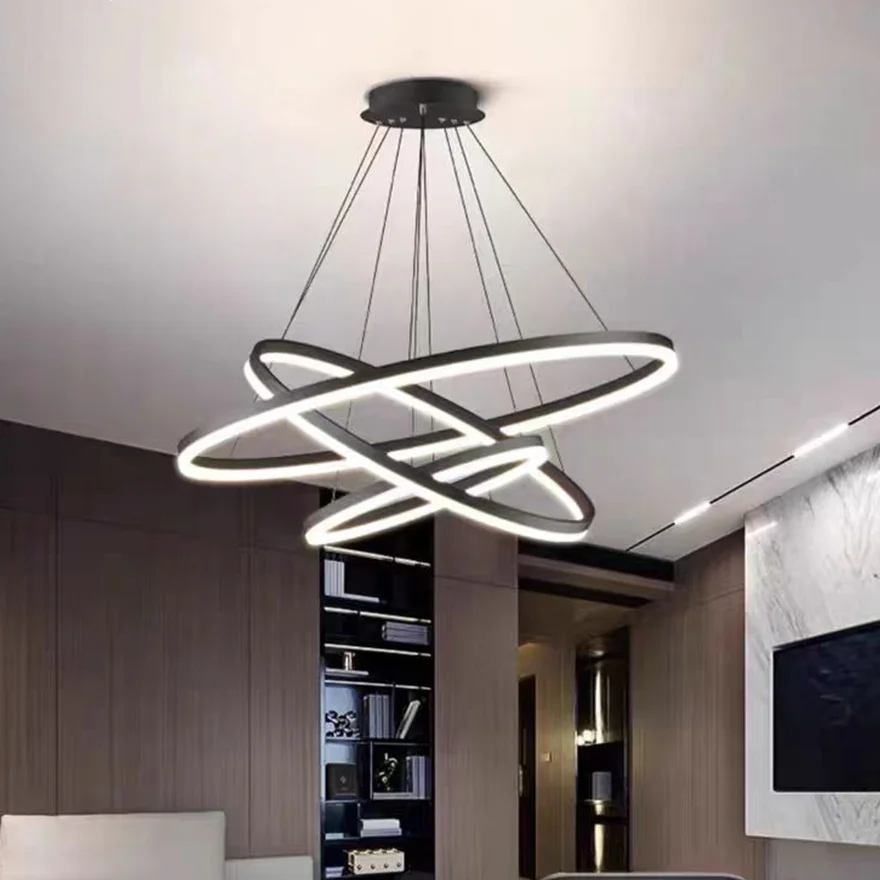 Modern Metal And Acrylic Ring Bedroom Pendant Light, Black, Trichromatic Light