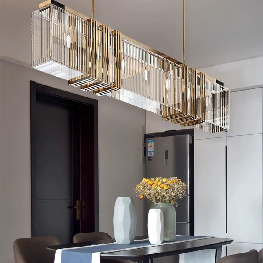 Modern Metal And Acrylic Rectangular Living Room Pendant Light, Gold