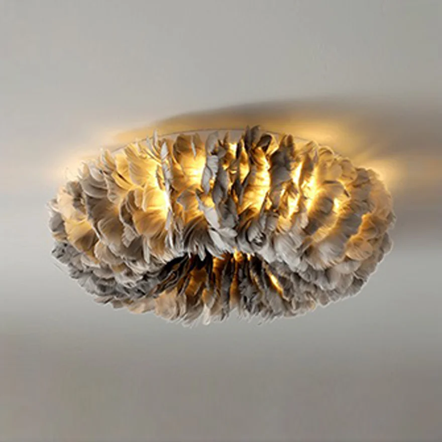 Art Deco Metal And Acrylic Feather Circle Dining Room Ceiling Light, White/Yellow/Pink/Gray