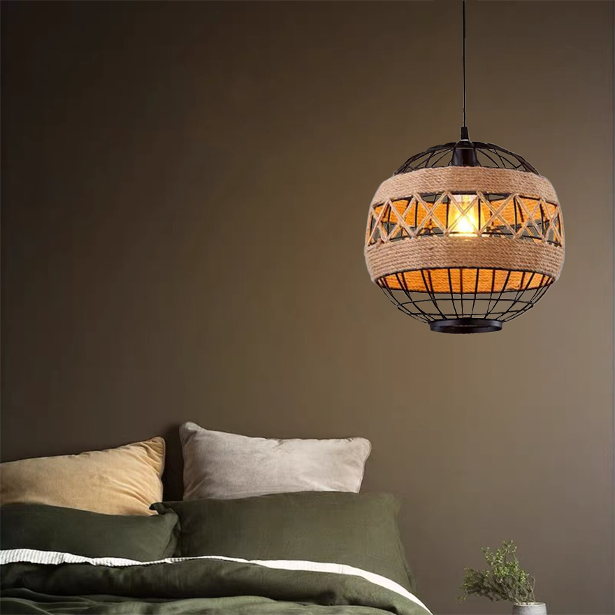 Modern Metal And Rope Lantern Dining Room Pendant Light, Black