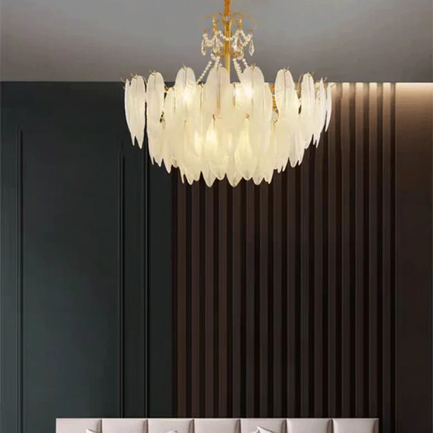 Decorative Pure Copper And Glass Feather Dining Room Chandelier Pendant Light, White, Trichromatic Light