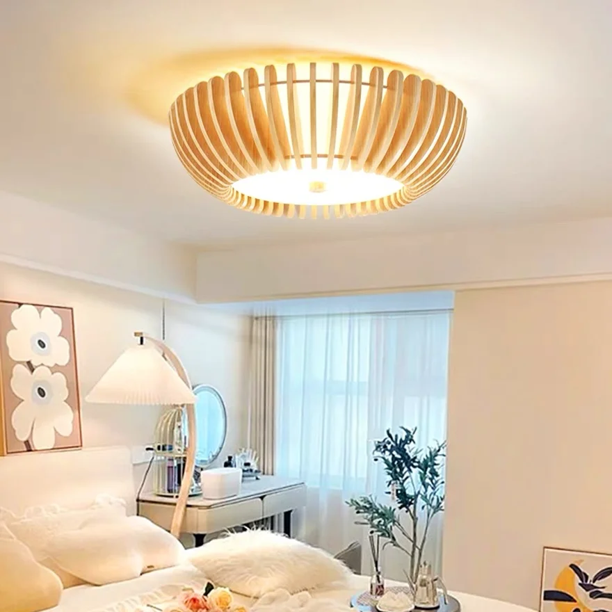 Modern Wooden And Acrylic Round Bedroom Ceiling Light, Burlywood, Trichromatic Light