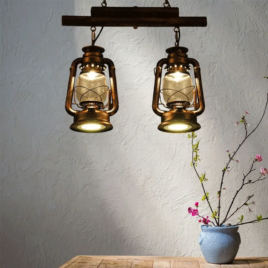 Vintage Metal And Glass Lantern Bedroom Pendant Light, Brass/Copper