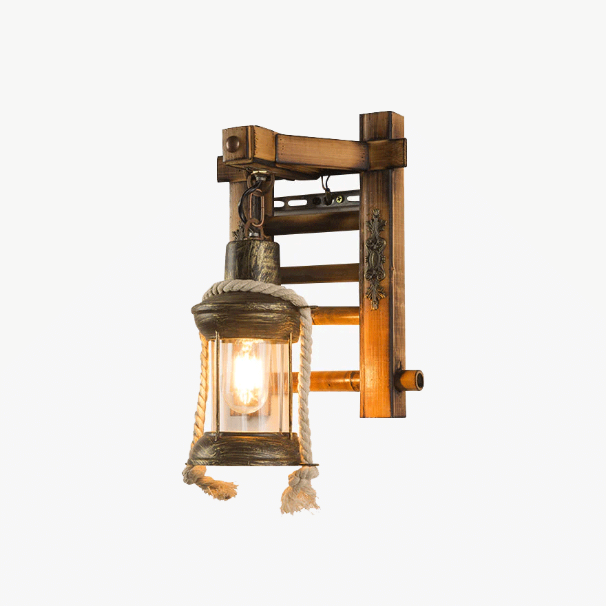 Retro Metal And Wooden Lantern Bedside Wall Lamp, Antique Brass