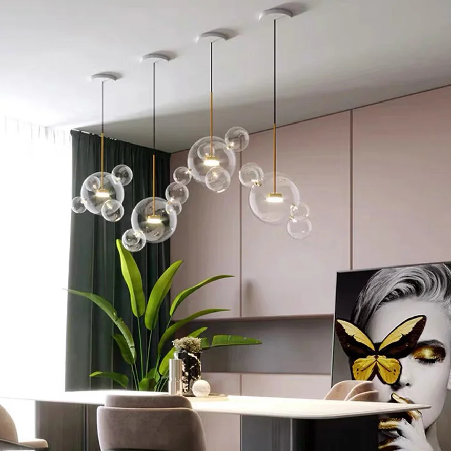 Unusual Metal And Glass Bubble Kitchen Pendant Light, Clear, Trichromatic Light