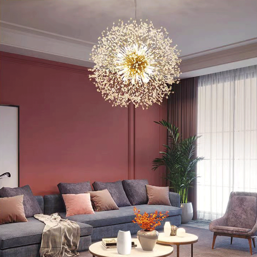 Modern Metal And Crystal Dandelion Bedroom Chandelier Pendant Light, Chrome/Gold