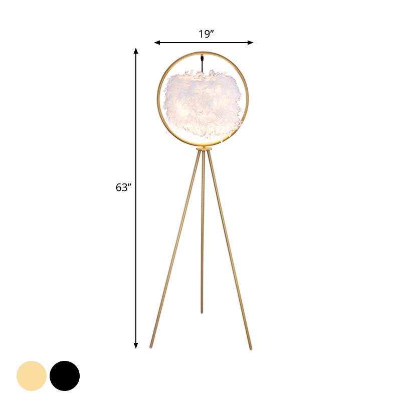 Designer Metal And Fabric Feather Ring Tripod Bedside Floor Lamp, Black/Gold