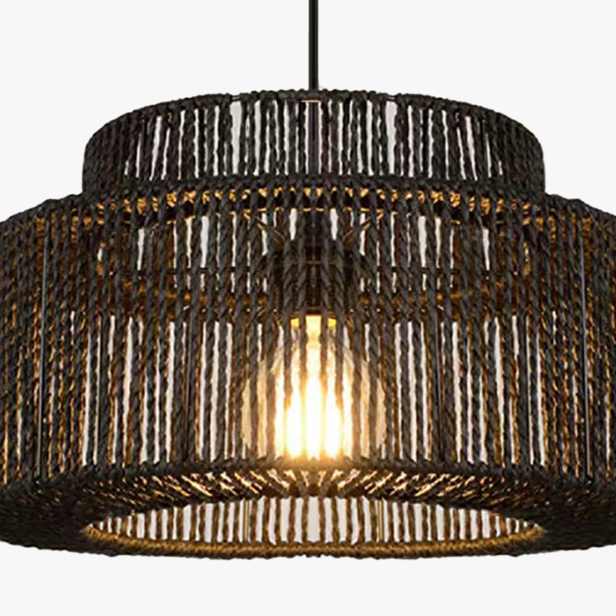 Boho Metal And Rattan Lantern Living Room Pendant Light, Black