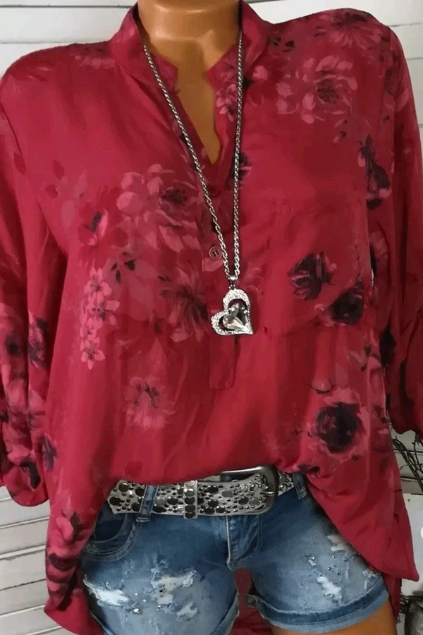 Autumn Spring Summer Cotton V-Neck Button Floral Printed Blouses