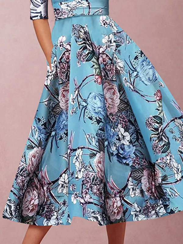 Sexy Lake Blue Half Sleeves Floral Print Skater Dress