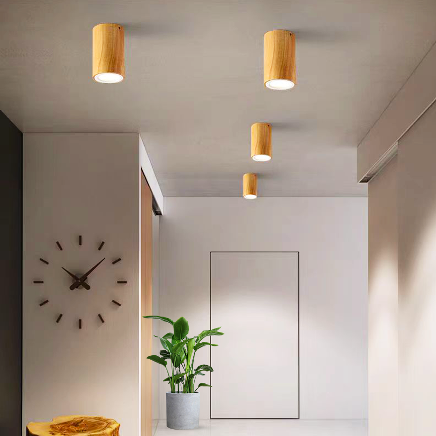 Natural Wooden And Acrylic Cylinder Balcony Ceiling Light, Natural Wood