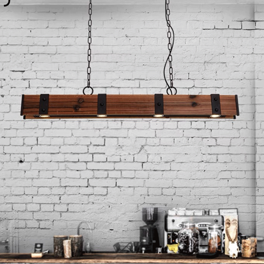 Retro Metal And Wooden Strip Dining Room Pendant Light, Log Color