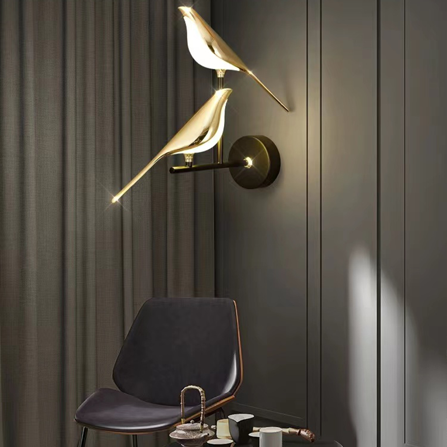 Art Deco Metal And Acrylic Magpie Bird Bedroom Wall Lamp, Gold