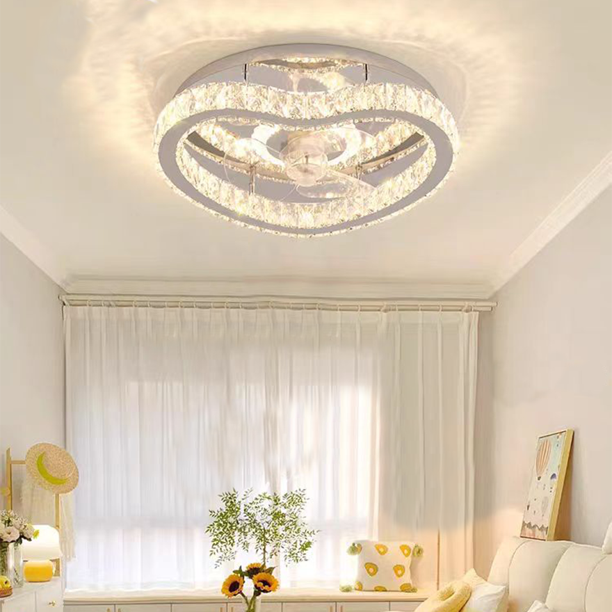 Modern Metal And Acrylic Round Living Room Ceiling Fan with Light, Gold/Silver, Trichromatic Light