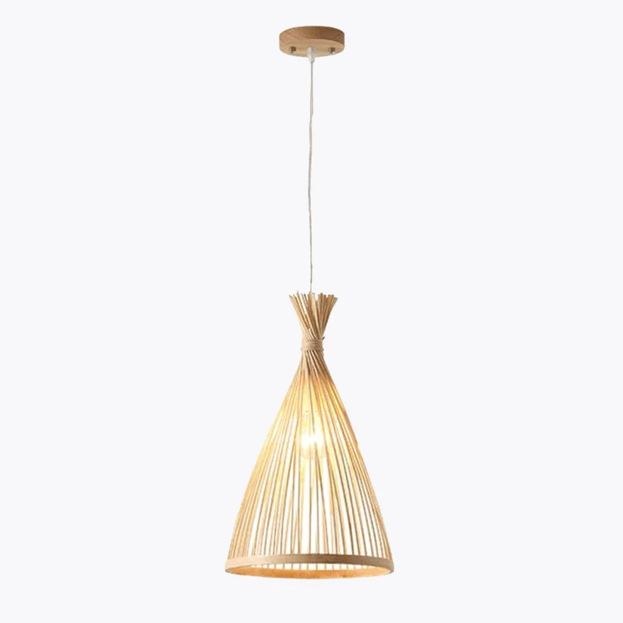 Boho Bamboo And Wooden Conical Dining Room Pendant Light, Beige