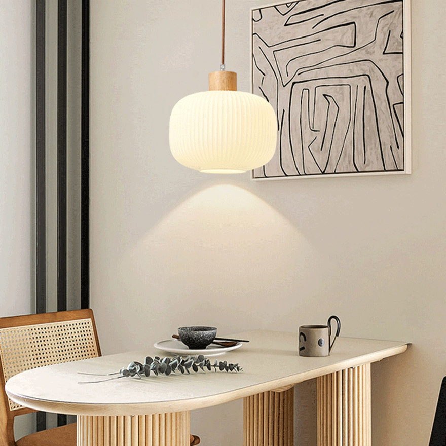 Minimalist Wooden And Glass Lantern Bedroom Pendant Light, White