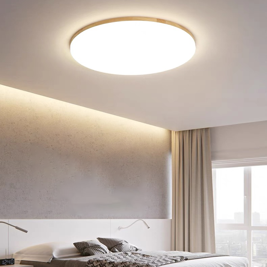 Modern Wooden And Acrylic Round Bedroom Ceiling Light, Natural Wood, Trichromatic Light