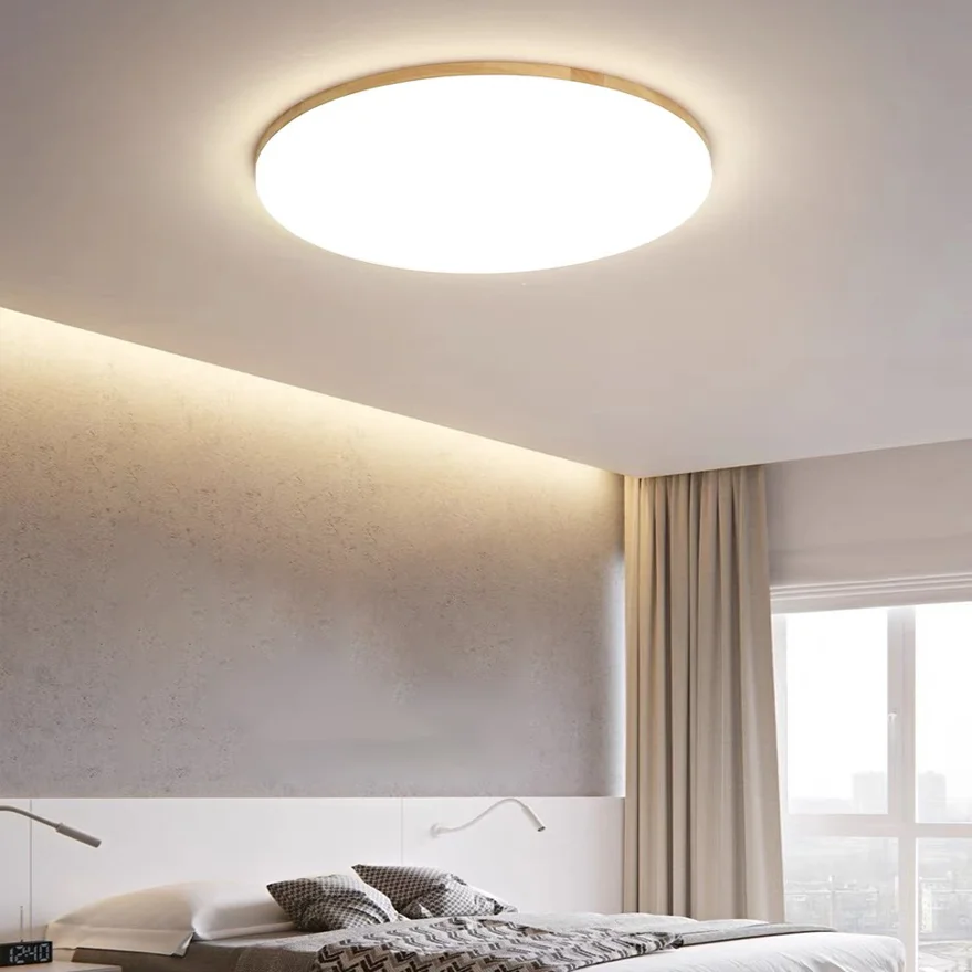 Modern Wooden And Acrylic Round Bedroom Ceiling Light, Natural Wood, Trichromatic Light