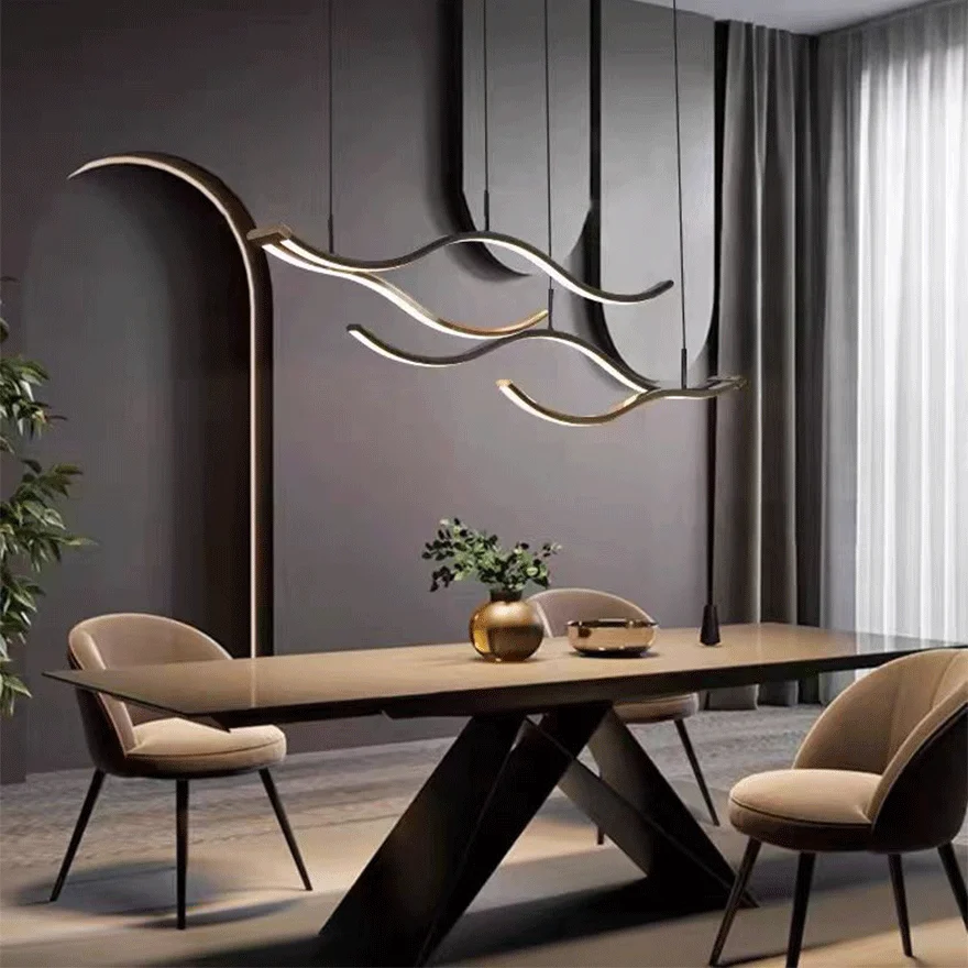 Modern Metal Wave Dining Room Pendant Light, Black/Gold