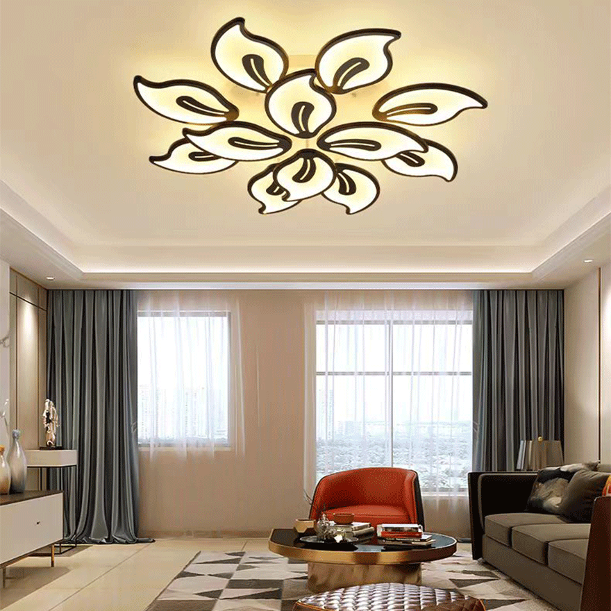 Art Deco Metal And Acrylic Floral Dining Room Ceiling Light, Black/White, Trichromatic Light