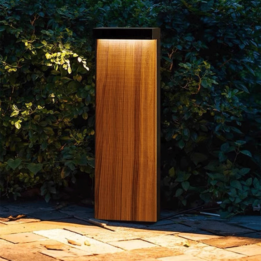 Minimalist Metal Rectangular Terrace Outdoor Lamp, Natural Wood