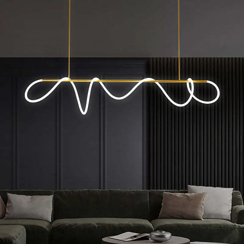 Designer Metal Linear And Wave Living Room Pendant Light, Black/Gold