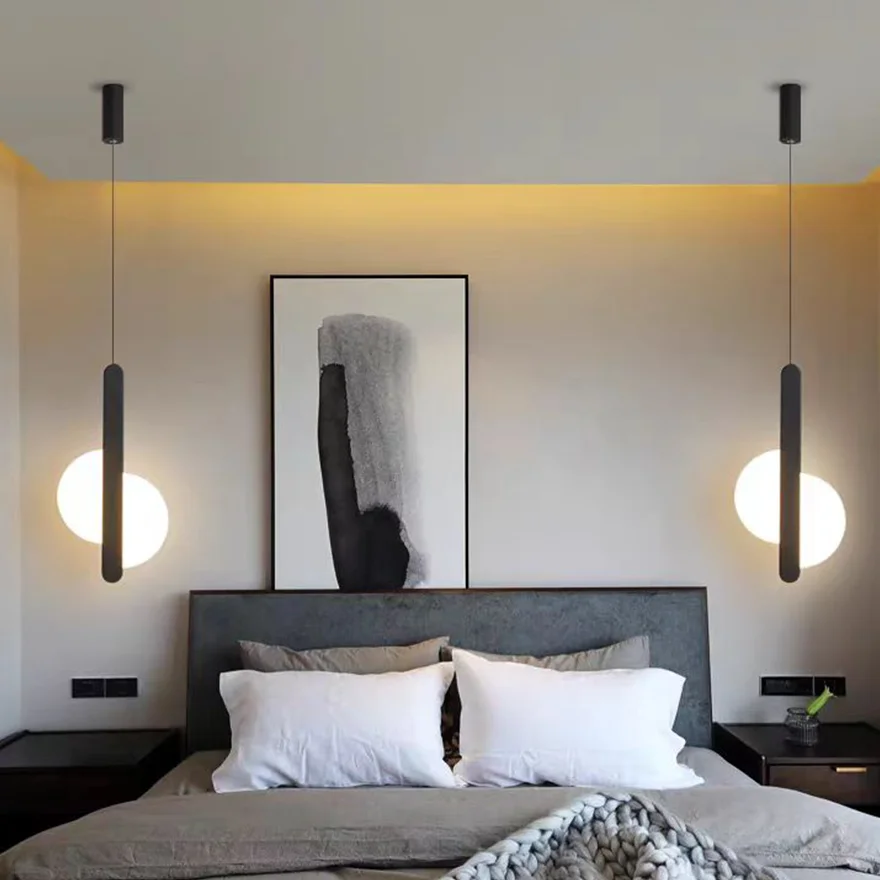 Minimalist Metal And Acrylic Geometric Bedroom Pendant Light, Black/White, Trichromatic Light