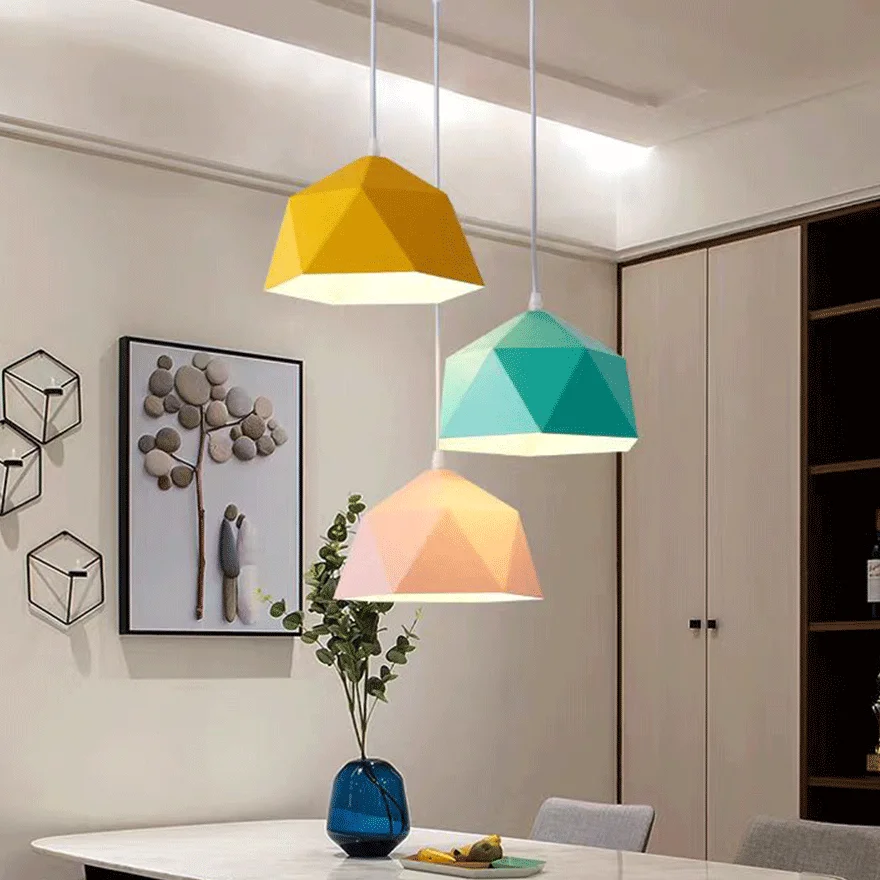 Modern Metal Polygonal Bedroom Pendant Light, 9 Color