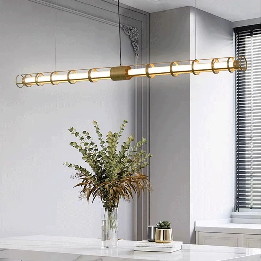 Minimalist Metal Linear Dining Room Pendant Light, Gold