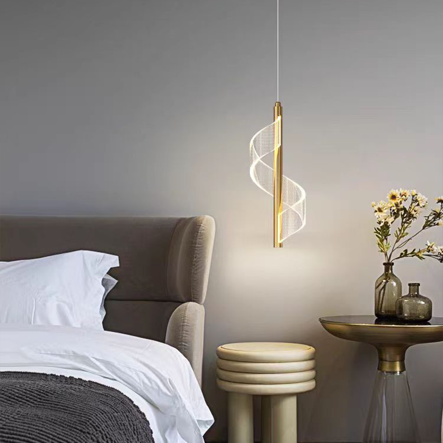 Nordic Metal Linear Bedroom Pendant Light, Gold, Trichromatic Light