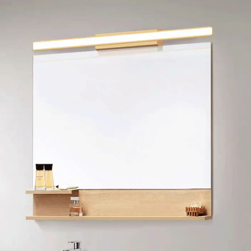 Minimalist Wooden Linear Bathroom Mirror Front Wall Lamp, Burlywood/Log Color